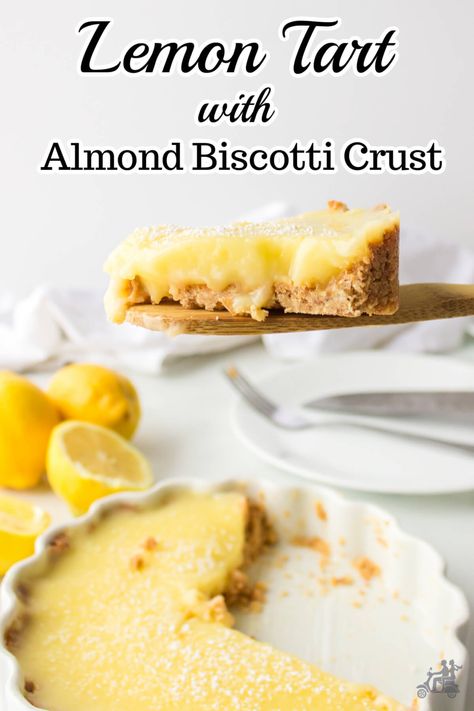 Lemon Tart with a buttery almond biscotti crust is an elegant dessert that is perfect all year long. The tangy, citrusy flavor compliments the finish to any dinner. The lemon recipe dessert is so good you don't need a fancy topping to finish it foo. Al it needs is a dusting of confectioners' sugar. The combination of sweet and sour is ideal. Biscotti Crust, Lemon Tart Recipe, Lemon Cakes, Lemon Recipe, Butter Crust, Tart Filling, Almond Biscotti, Lemon Dessert Recipes, Recipe Dessert