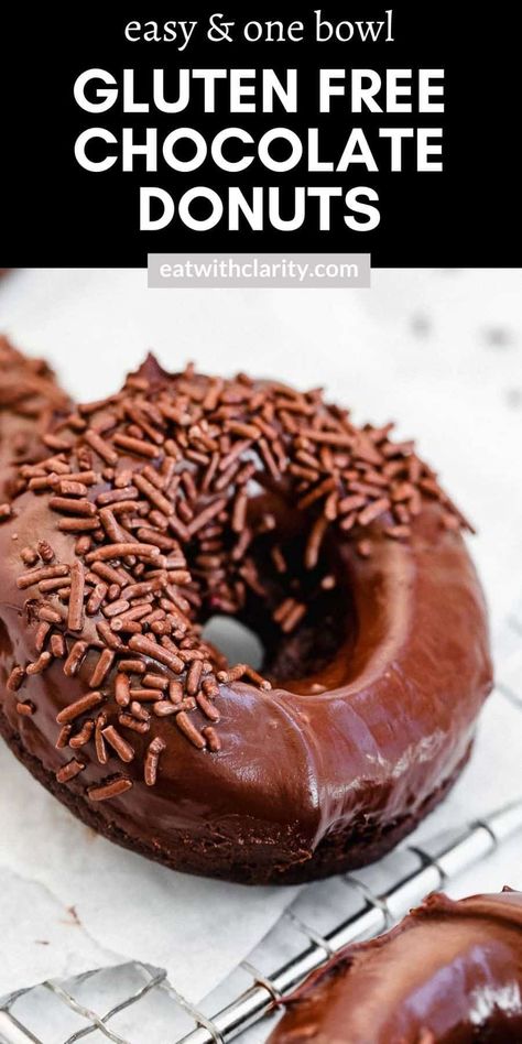 These easy gluten free chocolate donuts are made in one bowl and finished with an easy chocolate frosting. These donuts are rich, easy to make and even dairy free! They're baked, not fried, and perfect for a dessert or even breakfast and ready in just 20 minutes. Gluten Free Chocolate Donuts Baked, Gluten Free Baked Donuts With Donut Pan, Gluten Free Mini Donut Recipes, Gluten Free Donuts Recipe, Gluten Free Yeast Donut Recipe, Gluten Free Donut Recipe Baked, Gluten Free Donut, Gluten Free Donuts Baked, Gluten Free Baked Goods