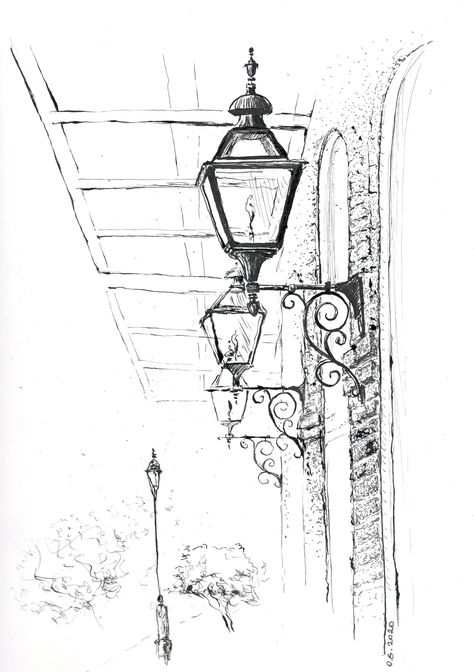 Street Lantern Drawing, New Orleans Sketch, New Orleans Drawing, New Orleans Illustration, Victorian Sketches, Drawing Street, Street Drawing, Street Lantern, Lantern Drawing