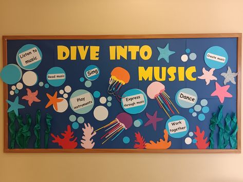 Dive into Music, is a music bulletin board with some of the under the sea starfish, jellyfish and corals Music Display Board, Music Classroom Wall Decor, Music Bulletin Boards Elementary Back To School, Music Bulletin Boards Preschool, Orchestra Bulletin Boards, Spring Music Bulletin Boards, Music Theme Classroom Ideas, Music Teacher Bulletin Boards, Back To School Music Bulletin Boards