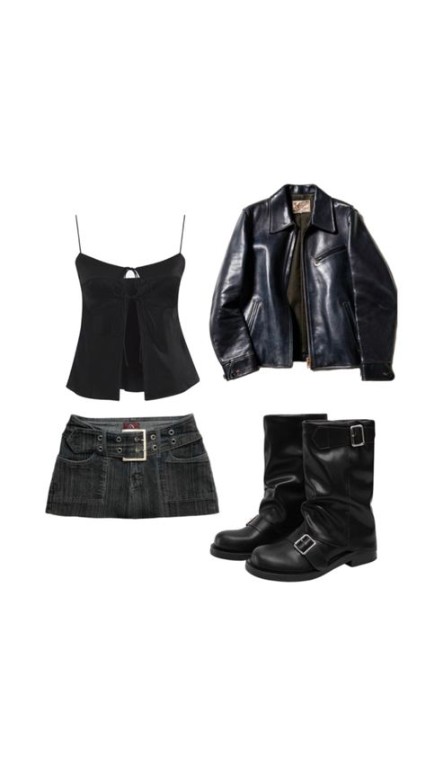 rockstar girlfriend aesthetic, leather jacket, mini skirt Rockstar Gf Club Outfit, Band Girlfriend Aesthetic Outfits, Rockstar Girlfriend Party Outfit, Cute Leather Outfits, Girly Rockstar Outfit, Rock Stars Gf Outfits, Leather Grunge Outfit, Foo Fighters Concert Outfit Ideas, Metal Band Concert Outfit