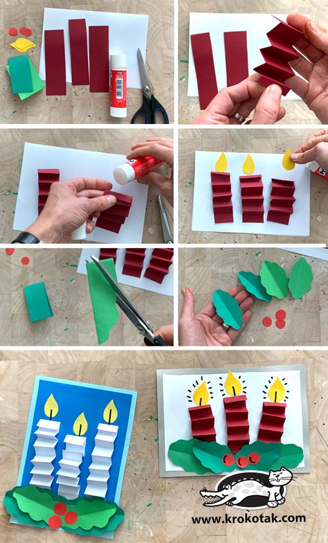 krokotak | Christmas candle card Christmas Art Projects, Grill Area, Preschool Christmas Crafts, Christmas Arts And Crafts, Candle Cards, Kitchen Patio, Christmas School, Winter Crafts For Kids, Preschool Christmas