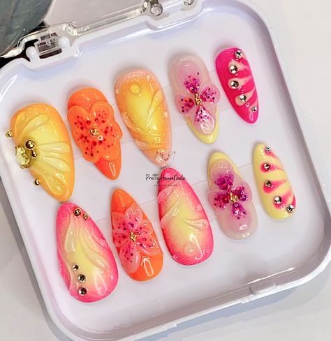 Thank you for stopping by and supporting a small business!💖 💐 Colorful Sunset Tropical Flower Press On Nails: The Ultimate Custom Flower Nail Set. 🌺" Colorful Sunset Tropical Flower Press On Nails, Custom Flower Nail Set, Trendy Fake Nails for Stylish Ladies, 3D Handcraft Nail Art, Freestyle Fake Nails, Gift for Her.", Almond Nails, Long Nails, Short Nails, Flower Nails, 3D Nails, Fruit Nails, Summer Nails. 🌸Elevate your summer style with our Colorful Sunset Tropical Flower Press On Nails. T Bright Vacation Nails, Nails Fruit, Nails Tropical, Flower Press On Nails, Sunset Tropical, Fruit Nails, Sunset Nails, Nails Flower, Nails 3d