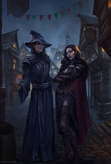 Demitria and Mustang [C] by Astri-Lohne Wizard Robes, Fantasy Art Couples, Art Couples, Leather Armor, Fantasy Paintings, Fantasy Concept Art, Fantasy Warrior, Fantasy Rpg, Fantasy Inspiration