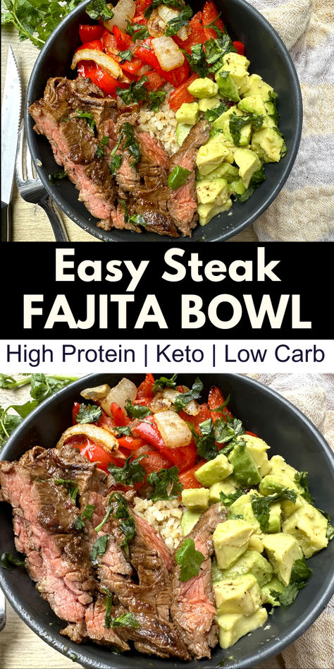 Images of steak fajita bowls with cauliflower rice and avocado High Protein Steak Dinner, High Protein Meals Muscle, Belle Vitale Recipes, High Protein Quick Dinner, Meal Prep Dinners For The Week, Steak Rice Bowl Recipes, Healthy Dinner Recipes For Family Low Carb, Low Carb High Protein Meals Dinners, Steak Bowls Healthy