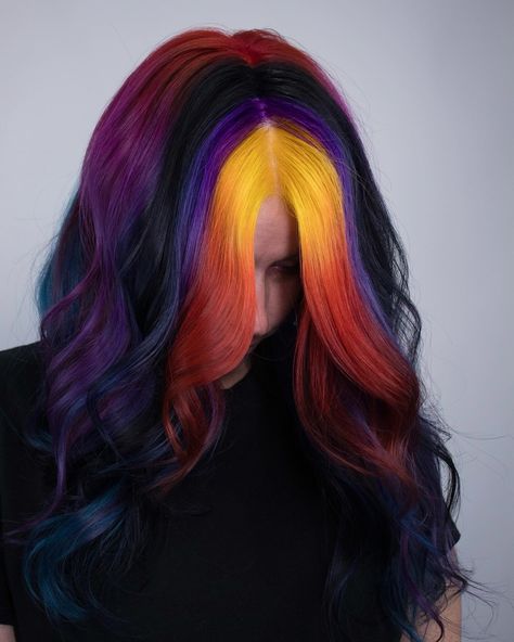 Crazy Hair For Long Hair Hairstyle Ideas, Vivid Roots Hair, Vibrant Color Hair, Colour Blocking Hair, Oil Spill Hair, Vivid Hair Color Ideas, Crazy Hair Colors, Hairdye Ideas, Cosmo Hair