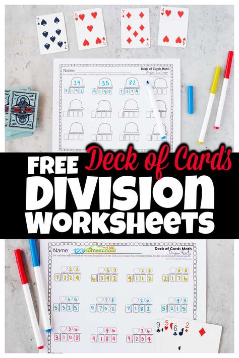 Make practicing division fun with these engaging division worksheets. These printable division worksheets have a super fun twist - you 3rd grade, 4th garde, and 5th grade students will complete the free division worksheets using a deck of cards to fill in the equations. That means the equations in these FUN free printable division worksheets are ever changing to give kids lots of practice. Simply download pdf file with free long division worksheets and you are ready to play and learn with a ... Long Division Activities, Teaching Long Division, Teaching Division, 5th Grade Math Games, Division Math Games, Missing Number Worksheets, Long Division Worksheets, Division Activities, Division Games