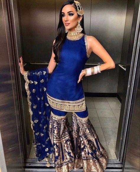 Royal blue semi brocade with gold and sequins. Blue Indian Outfit, Poonams Kaurture, Gharara Designs, Asian Wedding Dress Pakistani, Sharara Designs, Jyotish Astrology, Traditional Indian Outfits, Indian Gowns Dresses, Indian Gowns