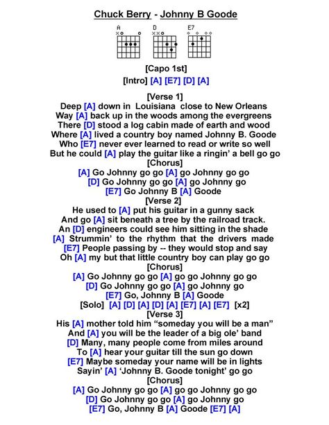 Guitar Tabs And Chords, Johnny B Goode, Easy Guitar Chords, Guitar Songs For Beginners, Blues Guitar Lessons, Johnny B, Easy Guitar Songs, Guitar Tabs Songs, Great Song Lyrics