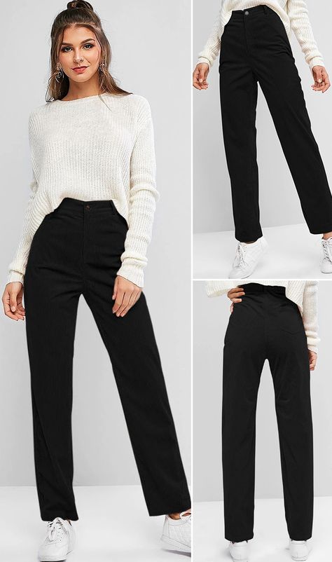 Business Casual Outfits For Women Straight Leg Pants, Black Corduroy Pants Outfit Women, Black Corduroy Pants Outfit Aesthetic, Corduroy Pants Outfit Black, Black Corduroy Pants Outfit, Corduroy Pants Outfit Winter, Black Flare Pants Outfit, Black Slacks Outfit, Amsterdam Outfits