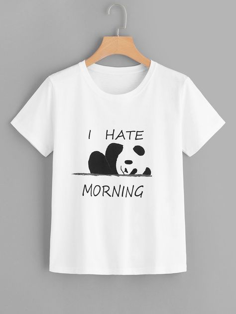 Letter And Panda Print Tee -SHEIN(SHEINSIDE) Hate Mornings, Shirt Painting, T Shirt Painting, T Shirt World, Panda Print, Fabric Paint, Print Tee, T Shirt And Shorts, Tshirt Design