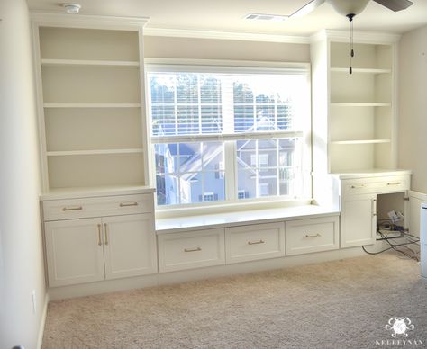 One Room Challenge- Week 2: The Office Built-Ins are Installed! | Kelley Nan Built In Using Ikea Cabinets, Built In Shelves In Playroom, Shelves Around Window, Kitchen Storage Unit, Bedroom Built Ins, Kitchen Storage Units, Window Seat Design, Window Seat Storage, Office Built Ins