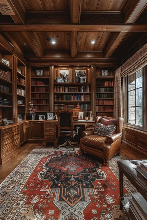 Home Study Room Personal Library, Cozy Home Office Ideas, Family Photo Display, Homely Decor, Chalet Style Homes, Small Library, Home Study Rooms, Golf Simulator Room, Cabin Office