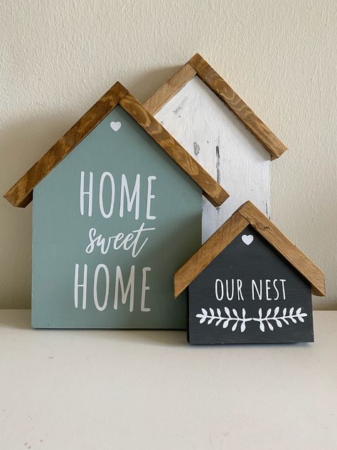 Small Wood House. Small Wooden Homes. Small Handmade Home. Small House. Handmade Decor. Farmhouse Sign. Farmhouse Sign. Wooden Farmhouse. Large Farmhouse. Farmhouse Decor. Rustic Home Decor. Gifts for Her. Gifts for Mom. Gifts for Grandma. Gifts for Aunt. Gifts for Girlfriend. Gift for Newlyweds. Etsy. Maker. Home Sweet Home. Our Nest. Wood Home Signs. Wooden. Woodwork. Miter Saw. Mini Wood House Decor, Small Wood Decor Ideas, Wooden House Warming Gifts, Wood House Sign, Small Diy Wood Gifts, Diy Home Sweet Home Sign, Small Wood Sign Ideas, Simple Wooden Crafts, Handmade Wooden Gifts Diy