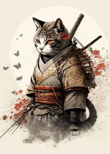 Cat Samurai, Japanese Cats, Draw Cats, Chihiro Y Haku, Funny Wall Decor, One Sheet Wonder, Japanese Cat, Anime Decor, Stylish Wall Art