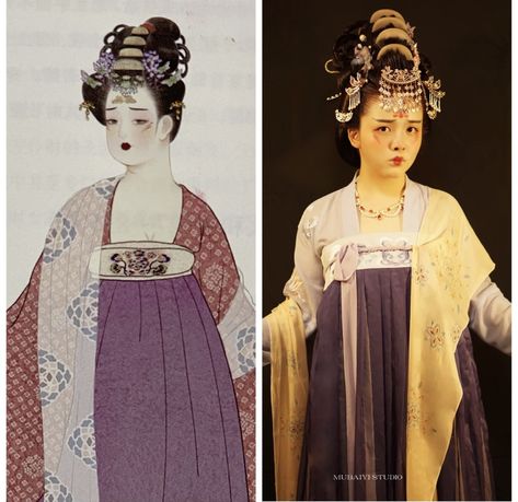 The restoration of Hanfu，hairstyle and makeup for middle Tang dynasty. Artist：慕白衣 on redbook Whimsigothic Makeup, Tang Dynasty Hairstyles, Tang Dynasty Makeup, Garment Drawing, Tang Dynasty Fashion, Hanfu Makeup, Tang Dynasty Clothing, Tang Dynasty Hanfu, Hairstyle And Makeup