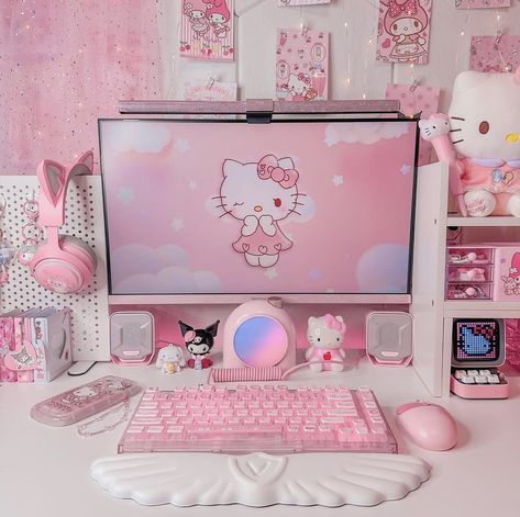 Kawaii Desk Setup, Kuromi Room, Cutecore Room, Keyboard Aesthetic, Aesthetic Reference, Kawaii Desk, Images Hello Kitty, Instagram New Post, Setup Gamer