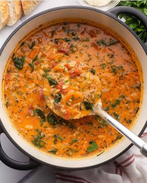 Dinner Recipes Orzo, Italian Sausage And Orzo, Orzo Recipes Healthy, Sausage Orzo Soup, Sausage Orzo, Orzo Soup Recipes, Sausage Soup Recipes, Winter Soup Recipe, Italian Sausage Soup