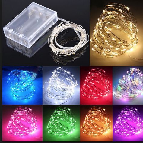 Add a splash of glowing color to any outfit or costume real fast or use these to illuminate your own DIY masterpiece. The clear plastic case tightly holds 3 AA batteries and an On/Off switch. - 100 micro LEDs Color Choice - 33' Silver wire string - 3 AA b Copper Wire Fairy Lights, Wire Fairy Lights, Starry String Lights, Holiday String Lights, String Lights Party, Copper Wire Lights, Battery String Lights, Indoor String Lights, Christmas Tree Garland