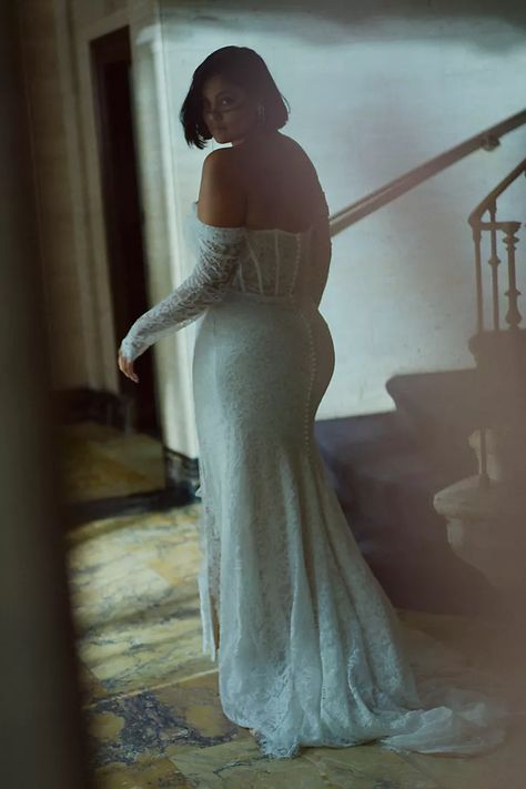 Jenny by Jenny Yoo Dove Long-Sleeve Off-The-Shoulder Lace Wedding Gown | Anthropologie Wedding Dress For Casual Wedding, Removable Long Sleeve Wedding Dress, Open Shoulder Wedding Dress, Bell Sleeve Wedding Dress Plus Size, Pearl Bridal Gown, Mid Size Wedding Dresses With Sleeves, Vintage Lace Wedding Dress With Sleeves, Off The Shoulder Wedding Dress Sleeves, Anthropology Wedding Dress