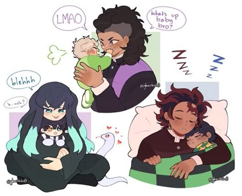 Demon Slayer Mpreg, Demon Slayer Pregnant, Giyuu And Tanjiro, Baby Muichiro, 21 Trio, Demon Baby, Demon Slayer Fanart, Demon Slayer Art, Demon Slayer Memes