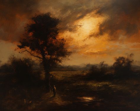 Romantic Artwork Paintings, Dark Nature Painting, Fall Aesthetic Painting, Painting Mood, Moody Painting, Oil Painting Background, Dark Landscape, Landscape Tattoo, Art Painting Gallery