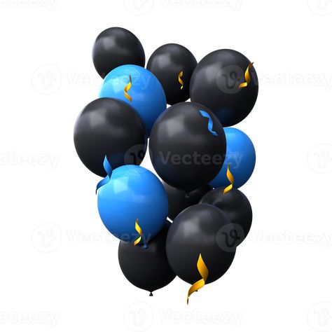 Bouquet of black and blue balloons and gold ribbons, serpentine, confetti. 3d render. Blue And Black Balloons, Black Balloons, Blue Balloons, Gold Ribbons, 3d Render, Confetti, Blue Black, Balloons, Royalty