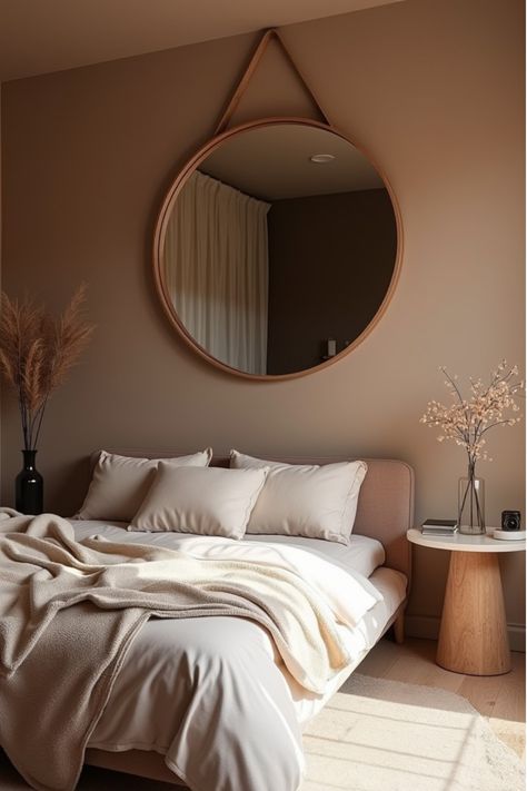 Small bedroom with warm taupe walls and a large mirror creating depth Tan Paint Bedroom Ideas, Earth Tone Accent Wall Bedroom, Taupe Bedroom Paint, Calming Bedroom Color Ideas, Paint Small Bedroom, Valspar Bedroom Paint Colors, Guest Bedroom Wall Color, Small Room Paint Ideas, Warm Bedroom Paint Colors