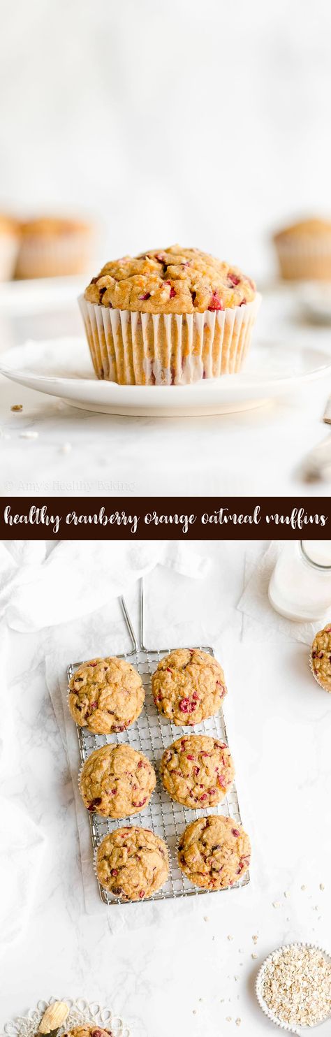 Healthy Cranberry Orange Oatmeal Muffins - really moist & fluffy but only 108 calories! They're SO easy to make & the softest muffins I've ever had! This recipe is the BEST! ♡ easy moist healthy greek yogurt cranberry orange oatmeal muffins. cranberry orange oatmeal muffins with whole wheat & gluten free options. clean eating sugar free fresh cranberry oatmeal muffins. Cranberry Orange Oatmeal, Muffins Cranberry, Cranberry Oatmeal Muffins, Cranberry Orange Muffin Recipe, Orange Oatmeal, Lite Recipes, Oatmeal Muffins Healthy, Cranberry Oatmeal, Clean Sweets