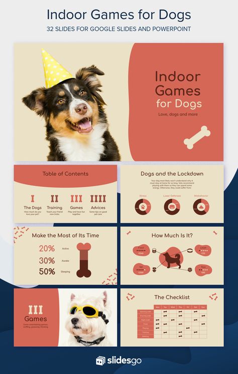 Customize this free Google Slides theme and PowerPoint template to present some games to play with dogs at home Games To Play With Dogs, Vet Website, Pet Infographic, Games For Dogs, Dogs At Home, Best Presentation Templates, Dog Template, Brochure Design Layouts, Project Presentation