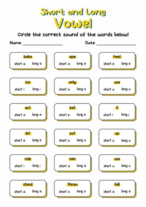 Short And Long Vowel Sounds Worksheet, Short And Long Vowels Worksheet For Kindergarten, Long Vowel Words Worksheet, Short Vowel Worksheets 2nd Grade, Long And Short Vowels Worksheets, Vowel Diagraphs, Short Vowels Worksheets, Vowel Sounds Worksheets, Long Vowel Sounds Worksheets