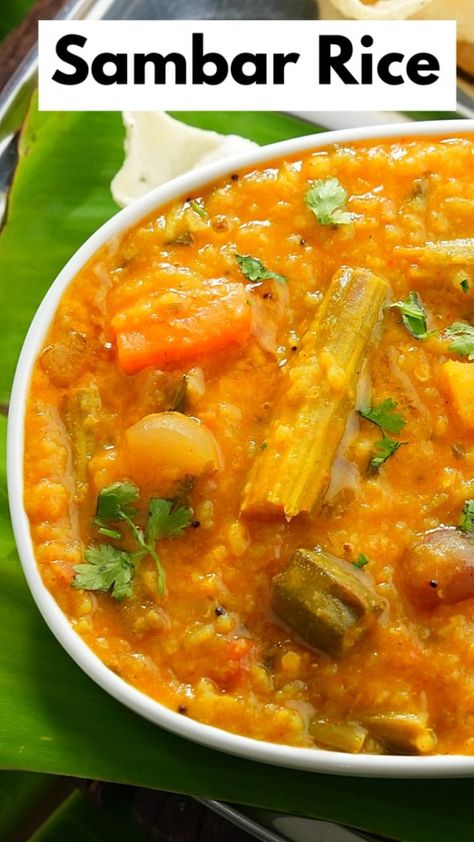 Sambar Rice | Vismai Food Sambar Rice, Toor Dal, Tamarind Juice, Indian Curries, Raw Banana, Boiled Vegetables, Dried Chillies, Potato Rice, Kinds Of Vegetables