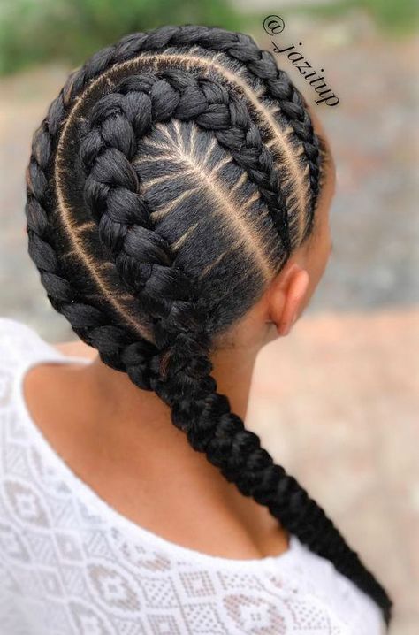 64 Goddess Braid Ideas for Your Next Style - UNRULY Jumbo Feed In Braids, Two Goddess Braids, Goddess Braid Bun, Goddess Braid Ponytail, 2 Feed In Braids, Goddess Braid Styles, Goddess Braid, Braid Styles For Girls, Best Braid Styles