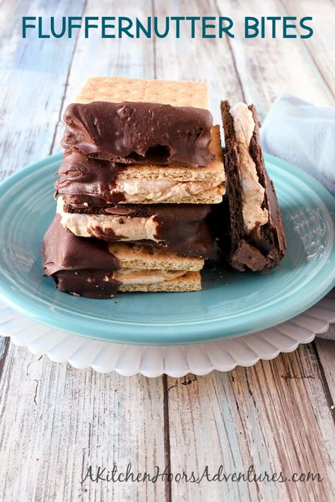 Fluffernutter Bites are a cross between a s'more and a fluffernutter sandwich.  Marshallow fluff and peanut butter are sandwiched between graham crackers and dipped in chocolate. #BacktoSchoolTreats #sweets #dessertfoodrecipes #dessert Fluffernutter Sandwich, Crab And Corn Chowder, Fluffer Nutter, Hearty Breakfast Recipes, Dipped In Chocolate, Peanut Butter Oatmeal, Just Bake, French Toast Casserole, Corn Chowder