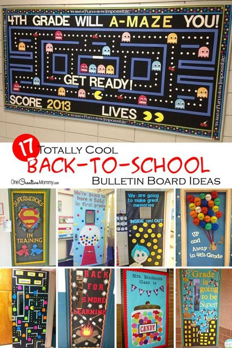 Start the school year off right with cool back to school bulletin board ideas and classroom door decorations! {OneCreativeMommy.com} School Bulletin Board Ideas, Creative Bulletin Boards, Door Bulletin Boards, School Door Decorations, Welcome Students, School Doors, Back To School Bulletin Boards, Classroom Board, Bulletin Board Ideas