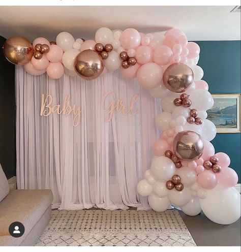 Pink Backdrop Balloons, Balloon Arch Curtain Backdrop, Ballon Arch Decor, Sheer Curtain Backdrop With Balloons, Baby Shower Theme Decorations For Girl, Balloon Arch Picture Backdrop, Back Drop With Ballons, Pink And Gold Balloon Arch Backdrop, Balloon Arch With Fabric