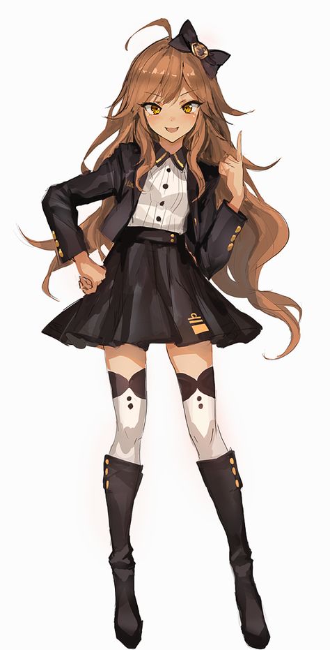 1girl :d ahoge black_boots black_bow black_jacket blush boots bow brown_hair buttons collared_shirt cropped_jacket eyelashes full_body hair_bow hand_on_hip hat hat_bow high-waist_skirt jacket knee_boots lm7_(op-center) long_hair long_sleeves looking_at_viewer open_clothes open_jacket open_mouth original pointing ribbed_shirt shirt sidelocks simple_background skirt smile solo standing striped striped_shirt thigh-highs tsurime uniform vertical-striped_shirt vertical_stripes very_long_hair whit... Sweet Pictures, Girls Frontline, Anime Oc, Anime Sketch, Anime Poses, Anime Kawaii, An Anime, Manga Drawing, Anime Outfits