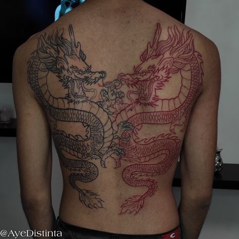 Tattoo dragon black and red Symmetrical Dragon Back Tattoo, Dragon Half Back Tattoo, Red And Black Chinese Dragon Tattoo, Double Dragon Back Tattoo, Chinese Dragon Tattoos Back, Dragon Tattoo Back Man, Back Dragon Tattoo Men, Black And Red Dragon Tattoo, Red And Black Dragon Tattoo