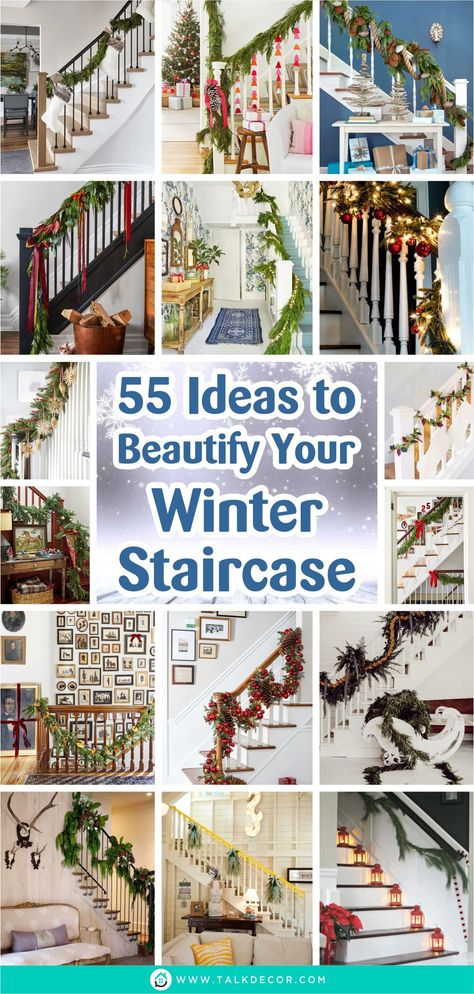 If it is too exhausting to decorate your whole home part with winter touches, then you can simply focus on the staircase decoration. Well, not all of you love to have too much decoration, but giving a few winter touches can be interesting to welcome the season and give the spirit of the season to your home. #winterdecoration #winterstaircase #staircasedecor Winter Banister Decorations, Banister Decorations Everyday, Winter Staircase Decor, Decorate Staircase For Christmas, Stairs Wall Design, Stairs Decor Ideas, Banister Garland, Stairs Storage Ideas, Stairs And Hallway Ideas