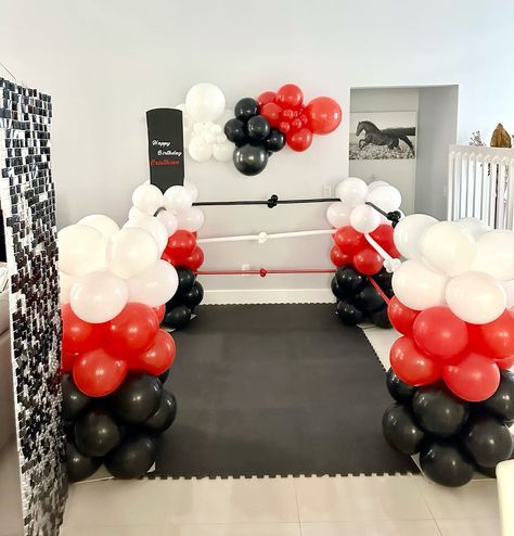 Birthday celebration - Balloon decor - Boxing theme Boxing Bday Theme, Boxer Theme First Birthday, Boxing Balloon Ideas, Boxing Theme Party Ideas Decorations, Boxer Birthday Party, Boxing Theme Centerpiece Ideas, Boxing Themed Birthday Party, Ufc Themed Birthday Party, Rocky Theme Birthday Party