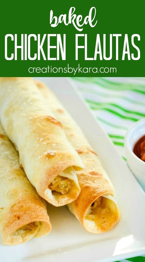 Baked Flautas Recipe, Baked Chicken Flautas, Chicken Flautas Recipe, Baked Flautas, Flautas Recipe, Rolled Tacos, Creamy Cheesy Chicken, Chicken Flautas, Dinner Specials