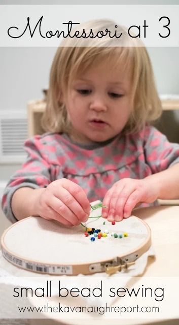 On Nora's Shelves -- Bead Sewing Montessori Three Year Old, Montessori 3 Yrs Old, Preschool Sewing, Montessori Sewing, Montessori At Home, Sewing Activities, Montessori Art, Montessori Practical Life, Montessori Preschool