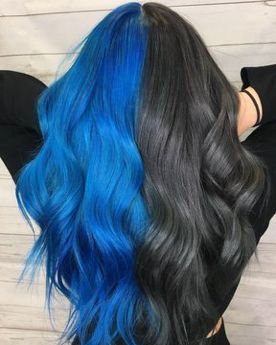 Half Black And Blue Hair, Black And Blue Split Dye Hair, Half And Half Hair Color Blue, Two Colour Hair Color Combos, Half Black Half Blue Hair, Dyed Hair Inspiration For Brunettes, Half Blue Half Black Hair, Two Tone Split Hair Color Ideas, Blue Split Dye Hair