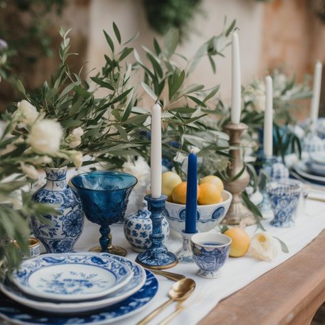 Mediterranean wedding - A wedding with decor inspired by the Mediterranean region, like olive branches, bright blue accents, and al fresco dining Mediterranean Tablescape, Mediterranean Party, Mykonos Wedding, Wedding Color Pallet, Engagement Dinner, Mediterranean Wedding, Wedding Tableware, Olive Branches, Wedding Products