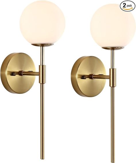 Amazon.com: BYOLIIMA Gold Wall Sconce Set of 2 with White Globe Glass Shades Modern Mid Century Bathroom Vanity Wall Light Fixtures Industrial Brushed Brass Wall Lamp for Bedroom Mirror Living Room Restaurant : Home & Kitchen Modern Mid Century Bathroom, Mid Century Bathroom Vanity, Industrial Mid Century, Globe Light Fixture, Farmhouse Vanity Lights, Wall Lamp Black, Globe Wall Light, Bathroom Vanity Wall, Mid Century Bathroom