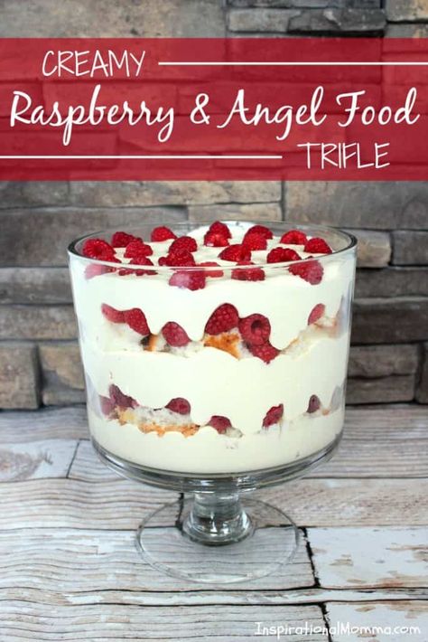 Creamy Raspberry & Angel Food Trifle Angel Food Trifle, Trifle Bowl Recipes, Easy Trifle, Raspberry Trifle, Rhubarb Coffee Cakes, Trifle Dessert Recipes, Angel Food Cake Desserts, Raspberry Desserts, Trifle Pudding