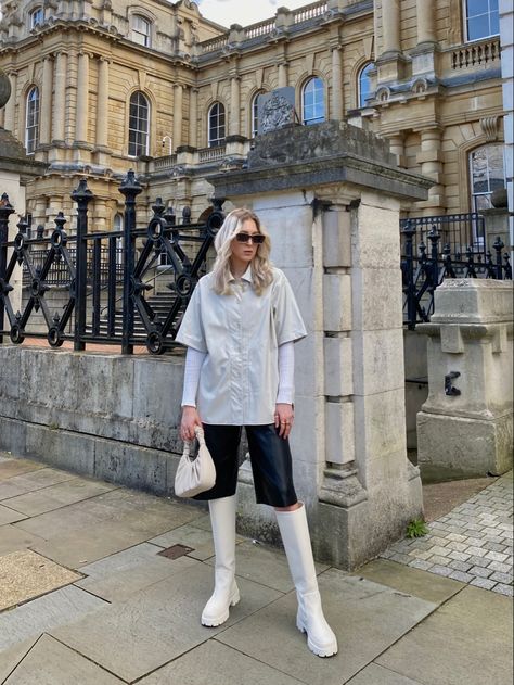 Cream leather shirt with black leather bermuda shorts and white chunky boots White Chunky Boots, Leather Bermuda Shorts, Leather Shirt, Chunky Boots, Bermuda Shorts, Outfit Of The Day, The Day, Black Leather, Instagram Photos