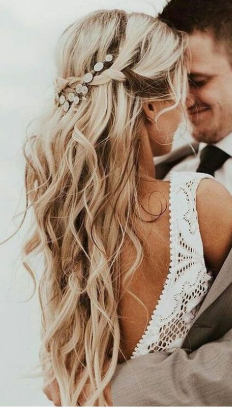 Long updo half up half down wedding hairstyles #weddinghairstyle #weddinghairstyles #bridalhairstyle #bridehairstyles Bridal Hair For Beach Wedding, Beach Wedding Hair And Makeup, Beach Wedding Bridal Hair, Bridal Hair Beach Wedding, Beach Wedding Hairstyles For Long Hair, Wedding Hair Wavy, Boho Wedding Hair Half Up, Wavy Bridal Hair, Beach Wedding Hairstyles