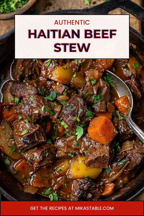 image for an Authentic Haitian Beef Stew recipe with a close-up view of the stew in a slow cooker, garnished with parsley, alongside a call to action to find the recipe at mikastable.com. Ethiopian Dinner Recipes, Stewed Beef Recipes Crockpot, Recipe With Stew Beef, Goat Stew Slow Cooker, Southern Beef Recipes, Steak Stew Meat Recipes, Slow Cooker Beef Stew Meat Recipes, Meals With Beef Stew Meat, Stew Beef Jamaican