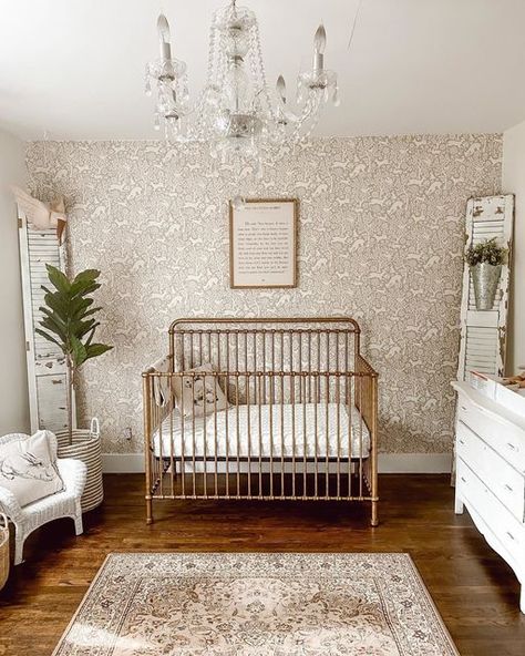 Million Dollar Baby Classic on Instagram: "The best of both worlds 🤩 @tatteredandtarnished's rustic & regal nursery combines tastefully weathered vintage elements and polished, elegant staples like an ornate rug and our Winston 4-in-1 Crib in Vintage Gold ✨ 🕵️‍♀️ We can't get enough of those doors, which she's creatively repurposed to display other décor 🌼" Gold Baby Nursery, Ornate Rug, Jamie Miller, Gold Crib, Metal Crib, 4 In 1 Crib, Classic Nursery, White Crib, Baby Room Themes